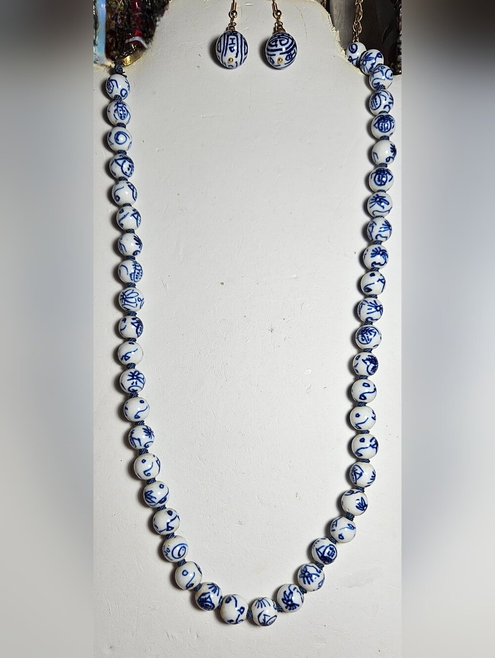 Blue and White Porcelain Bead Necklace and Earrings Set - Classic Ceramic Style